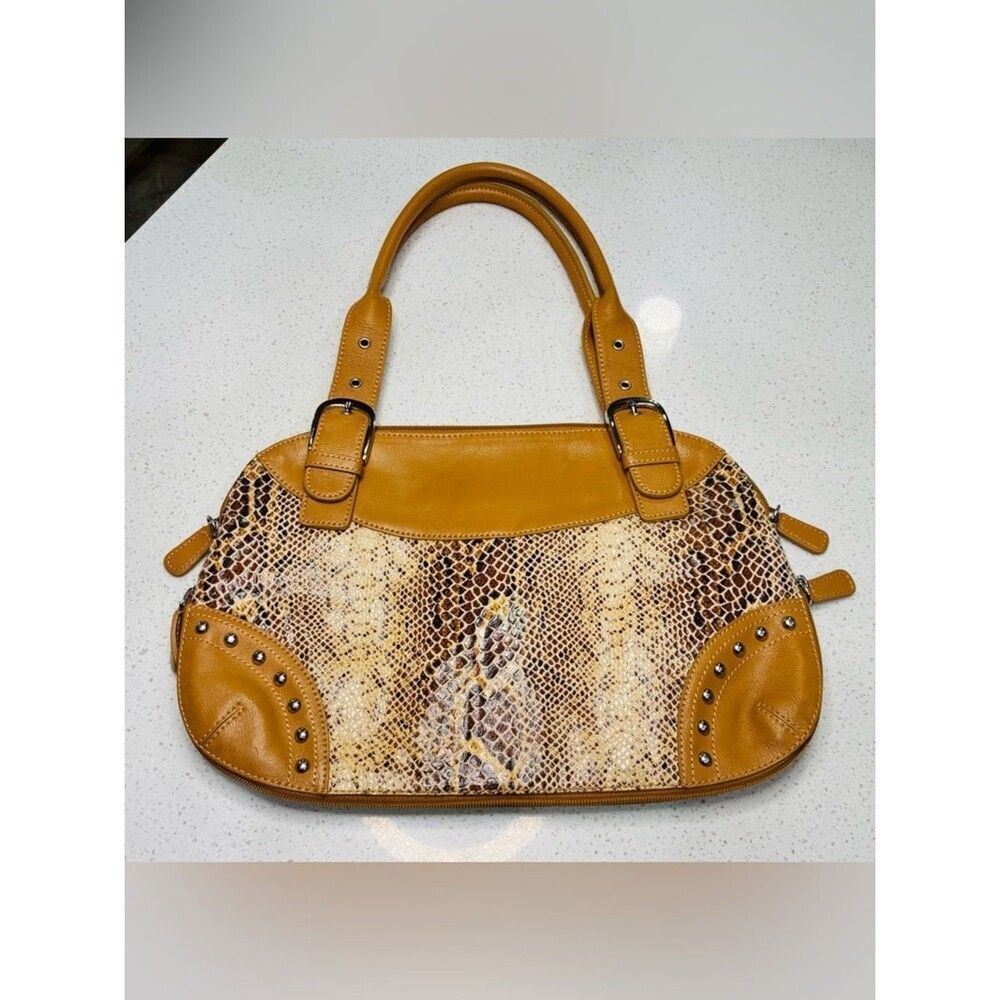 Sharif Studio Tan Snakeskin Embossed Satchel Studded Handbag Medium EUC - Picture 12 of 12
